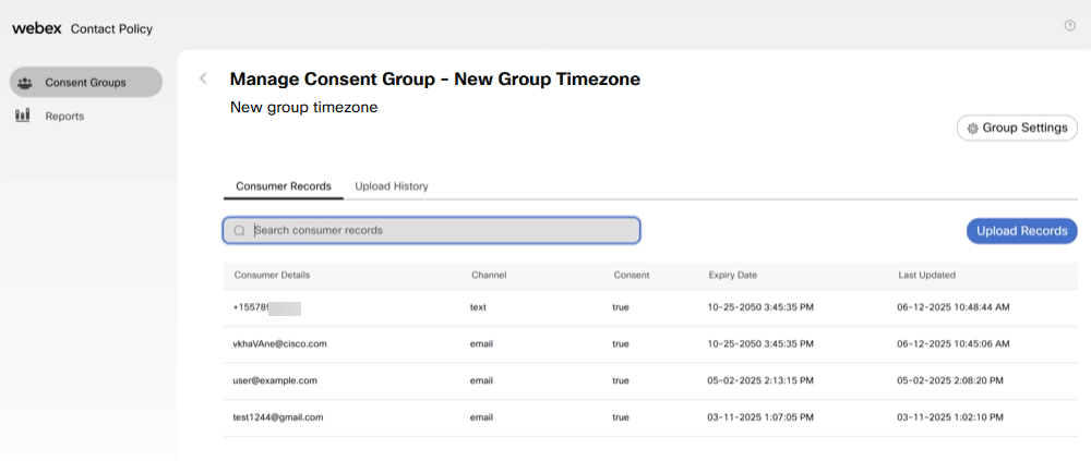 Screenshot of Upload Records tab on Manage Consent Group page