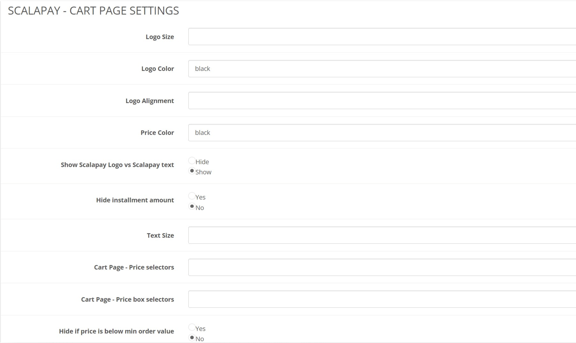 Cart page settings