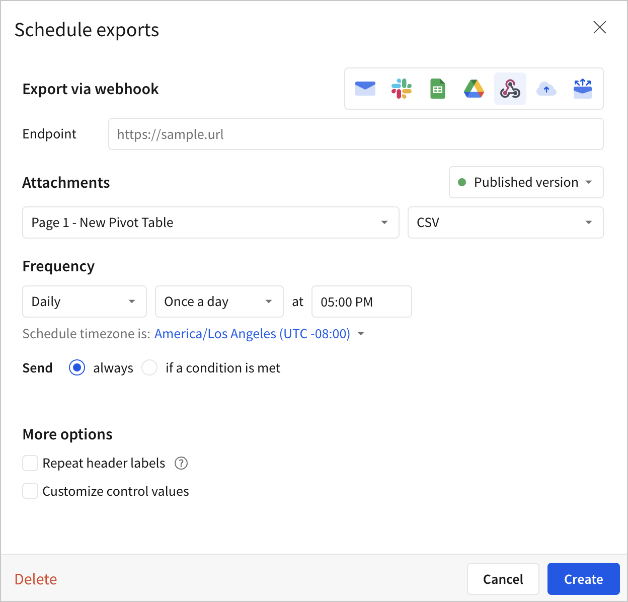 Schedule exports modal with export to webhook options described in surrounding text.