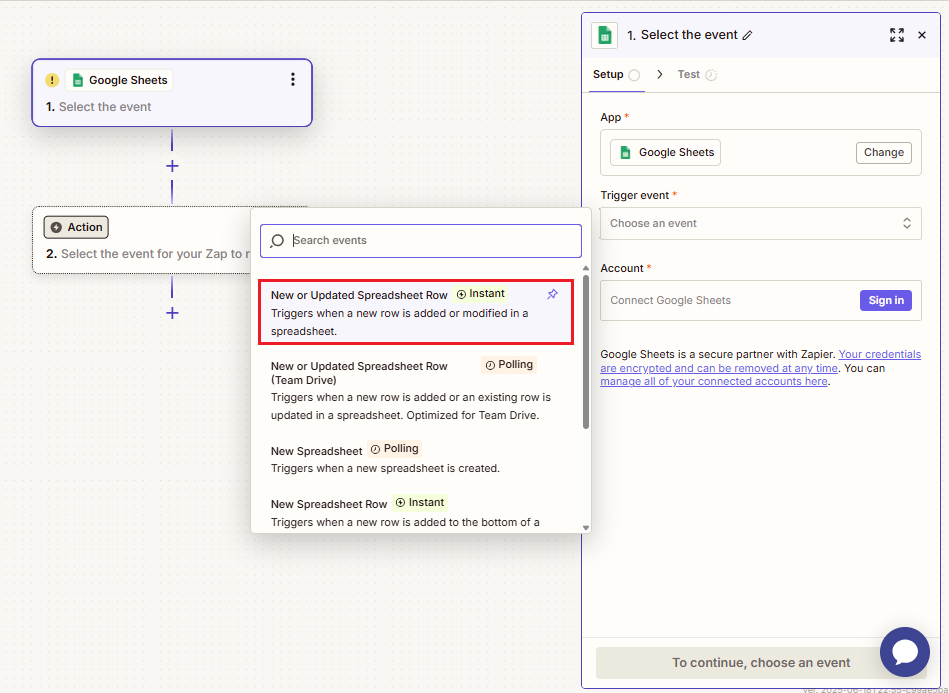 Screenshot of selecting an event