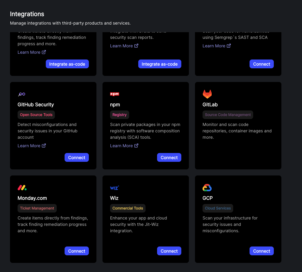 Jit Integration Page w/ Wiz Integration Card