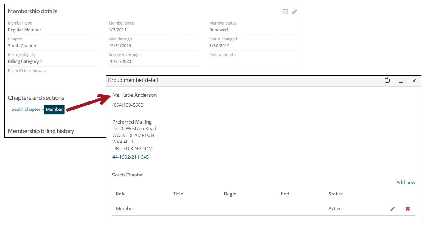 Selecting the chapter role opens the group member detail window