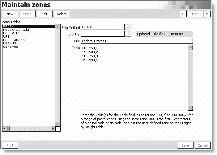 From Subscriptions, select Set up tables > Maintain zones