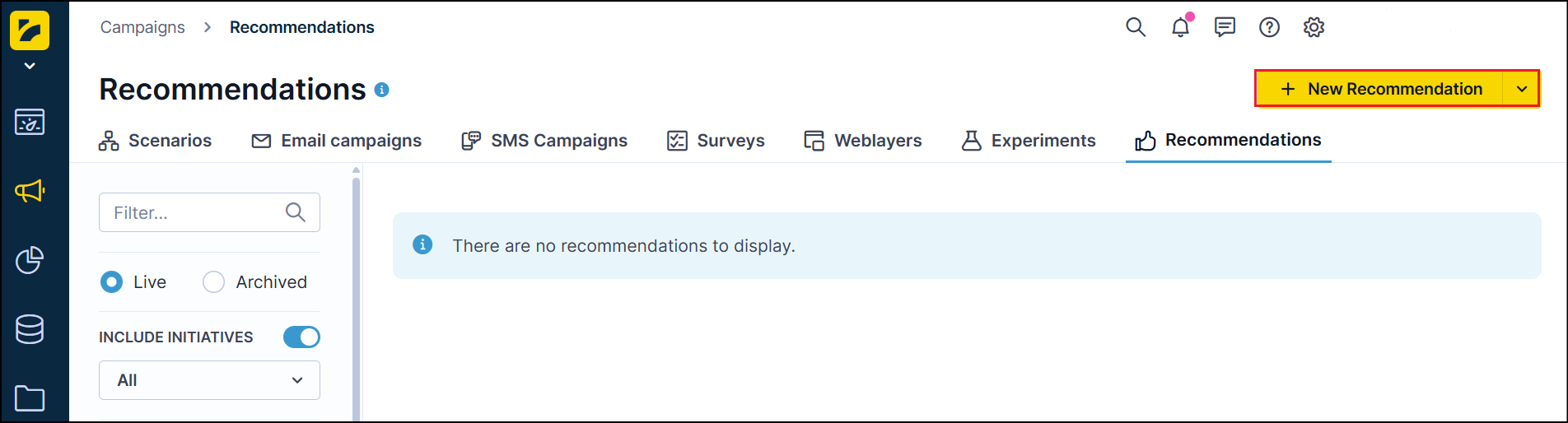 product_recommendations.png Recommendations section in Bloomreach showing the New recommendation button and predefined template options.