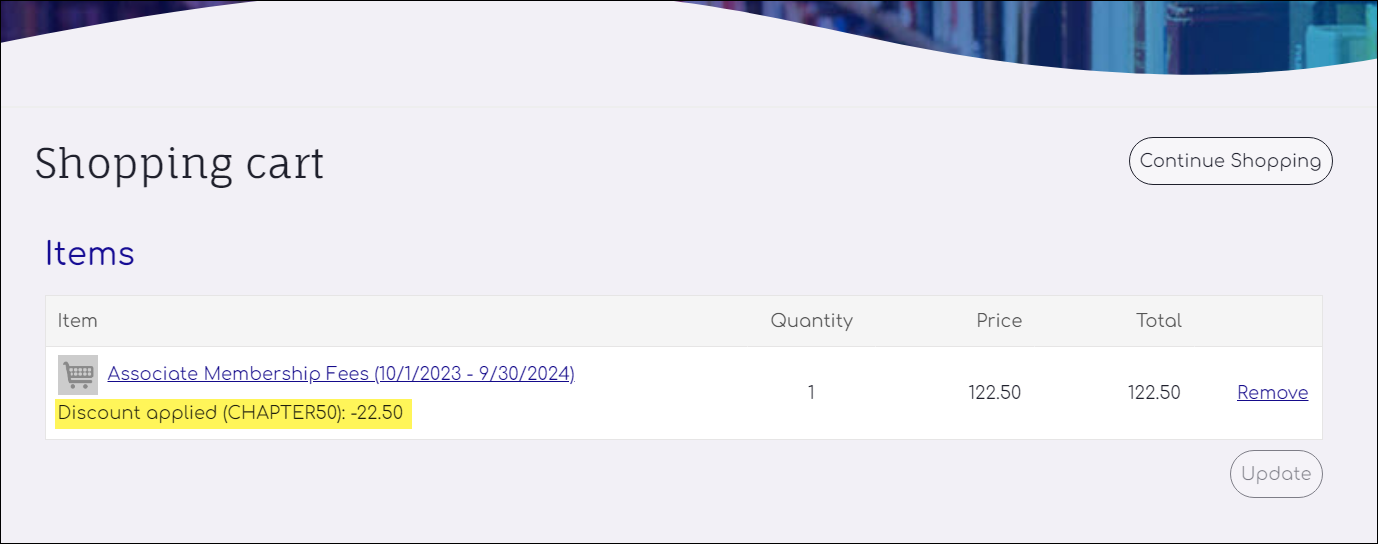 Showing that the cart displays that the discount was applied