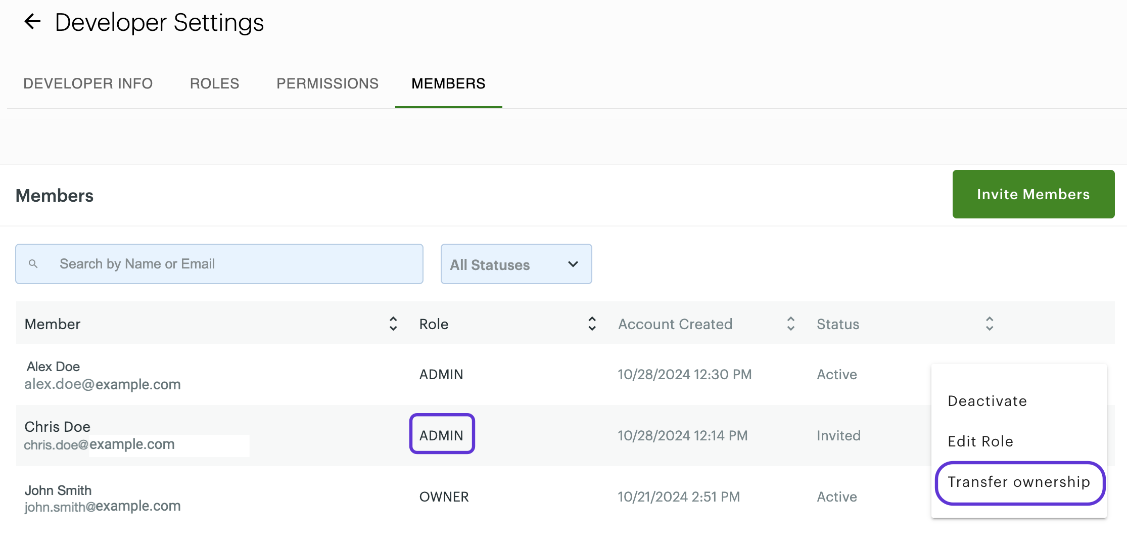 Developer Settings—Members tab: Transfer ownership