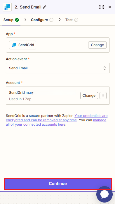 Screenshot of the Send Email in SendGrid event dialog: **Account** step