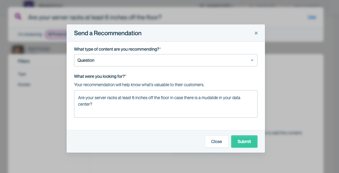 Customers can choose 'Document' or 'Question' when making a suggestion. Customers can choose Document or Question as the suggestion type.