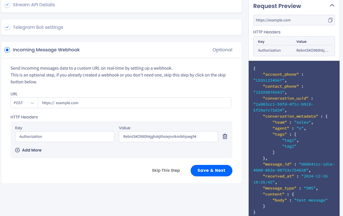 Screenshot with Incoming Messages Webhook step