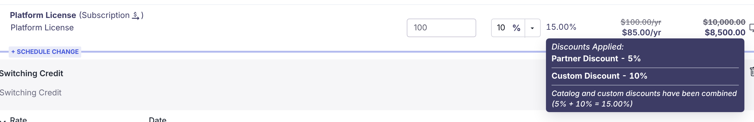 Tooltip on a product line reading "Discounts Applied: Partner Discount - 5%, Custom Discount - 10%. Catalog and custom discounts have been combined (5% + 10% = 15.00%)".