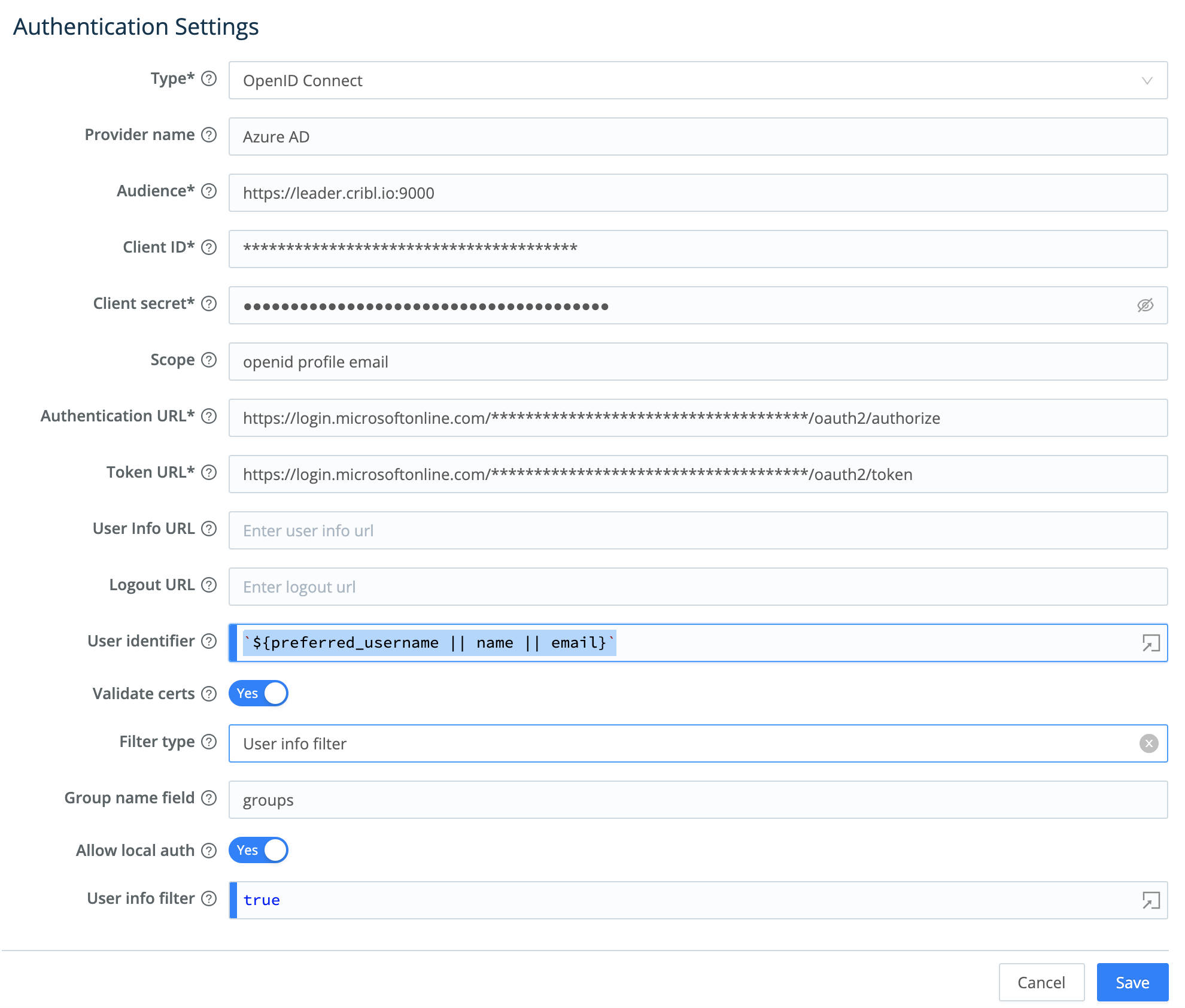 azure-ad-logstream-auth-config.png Sample LogStream Authentication Settings for Azure AD (v2 endpoints)