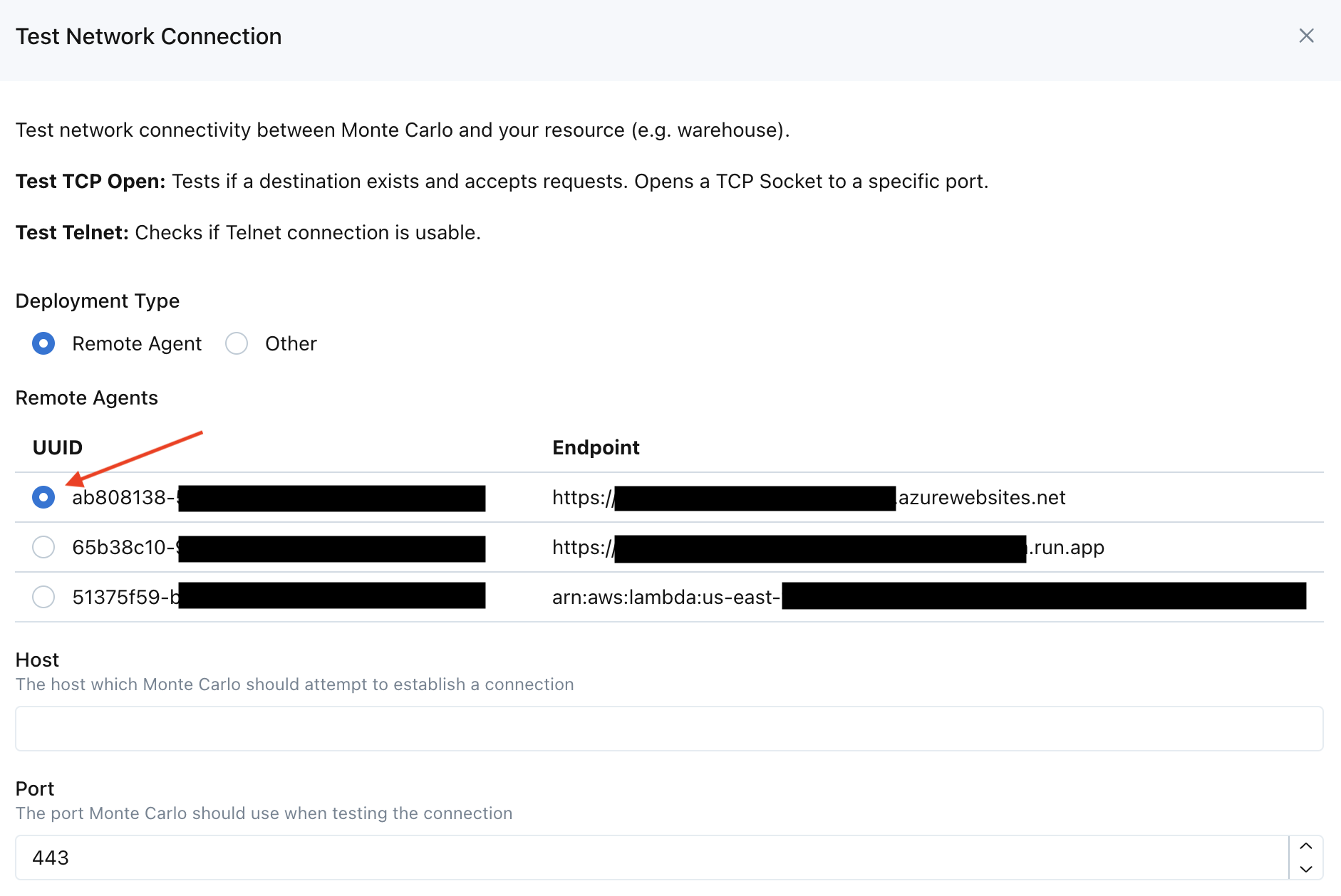 Example of Selecting an Agent Deployment on the Monte Carlo UI