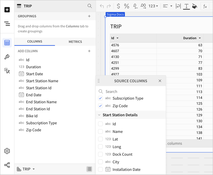 Related columns available in a workbook from the Stations table, after the Trip table from the data model is added as a data source.