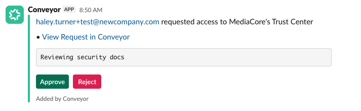 A Slack access-request notification from the Conveyor app showing the requester's email, a 'View Request in Conveyor' link, the requester's note, and Approve and Reject buttons.
