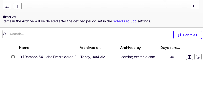 Screenshot of the Archive section displaying archived catalog entries with Delete and Restore icons.