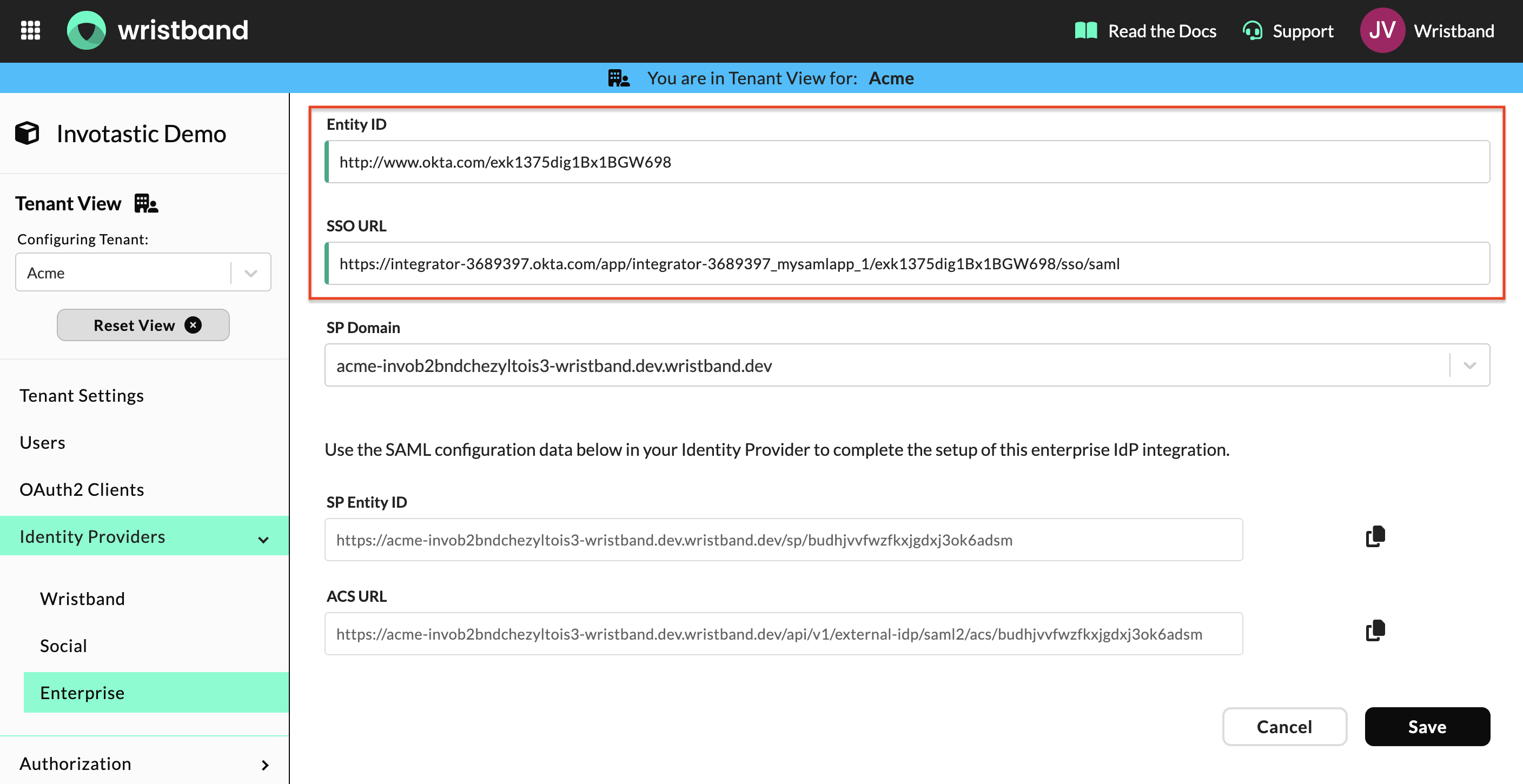Wristband: IdP Settings form showing Entity ID and SSO URL fields
