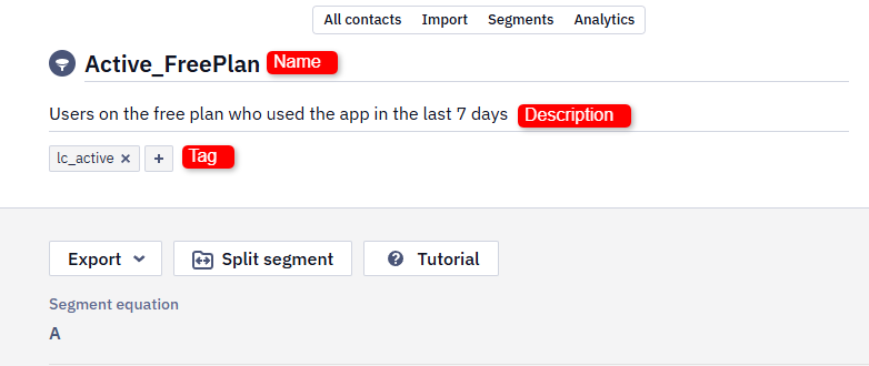 Three levels of organizing objects in Reteno: name, tag, and description