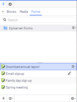 Screenshot of the Forms and Form Elements gadgets in the assets panel where building and managing forms