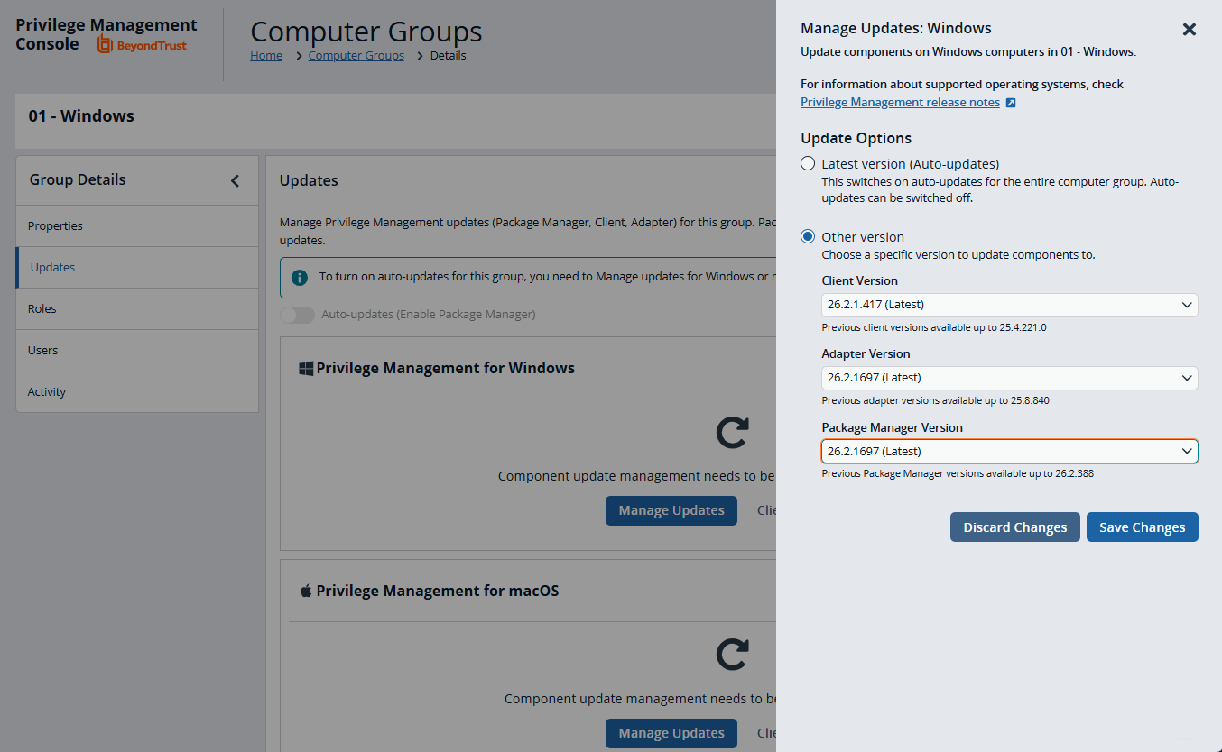 Package Manager version selector settings
