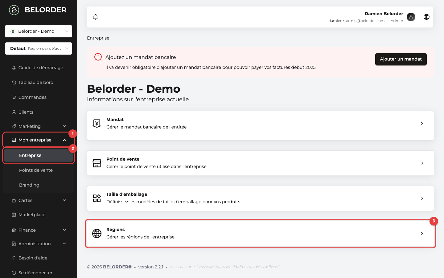 Navigation vers la page Régions depuis la sidebar