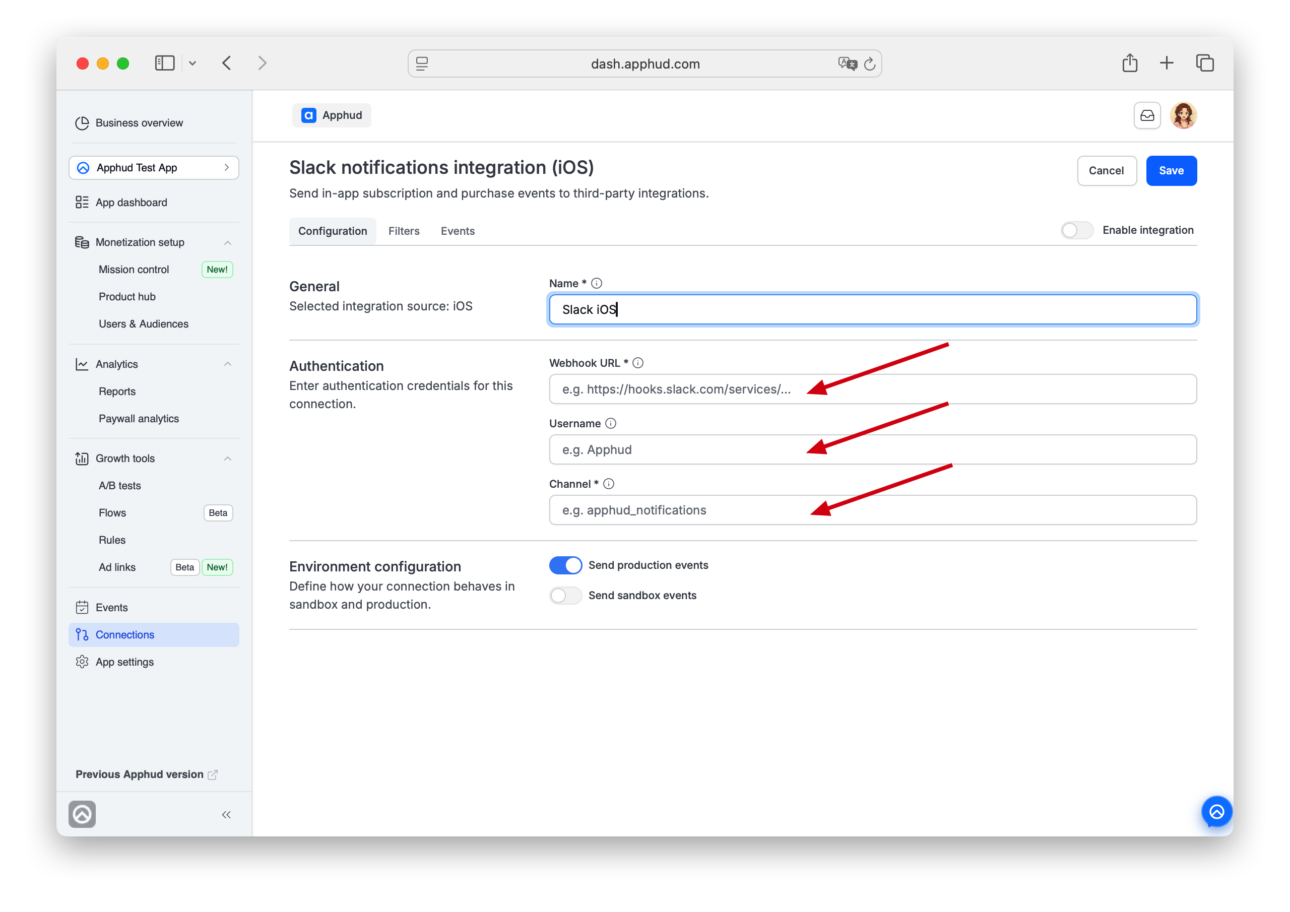 Apphud - Slack Webhook configuration