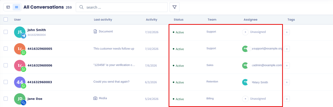 Screenshot of the Assignee cell open on a conversation row, showing the agents available to assign