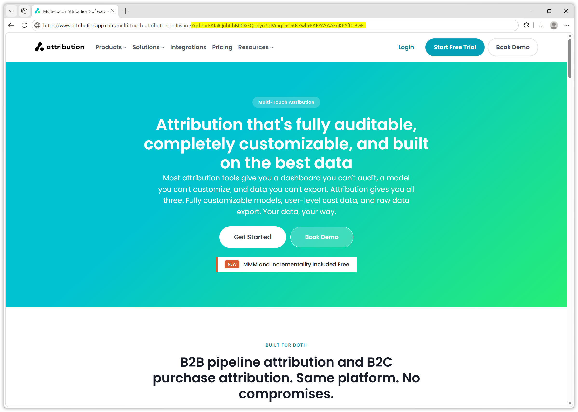 The attributionapp.com landing page reached from a Google ad, with the gclid parameter highlighted in the address bar