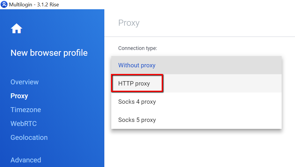Multilogin app select HTTP proxy type