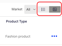 Screenshot of the Show as list and Show as thumbnails toggles for the catalog item list.