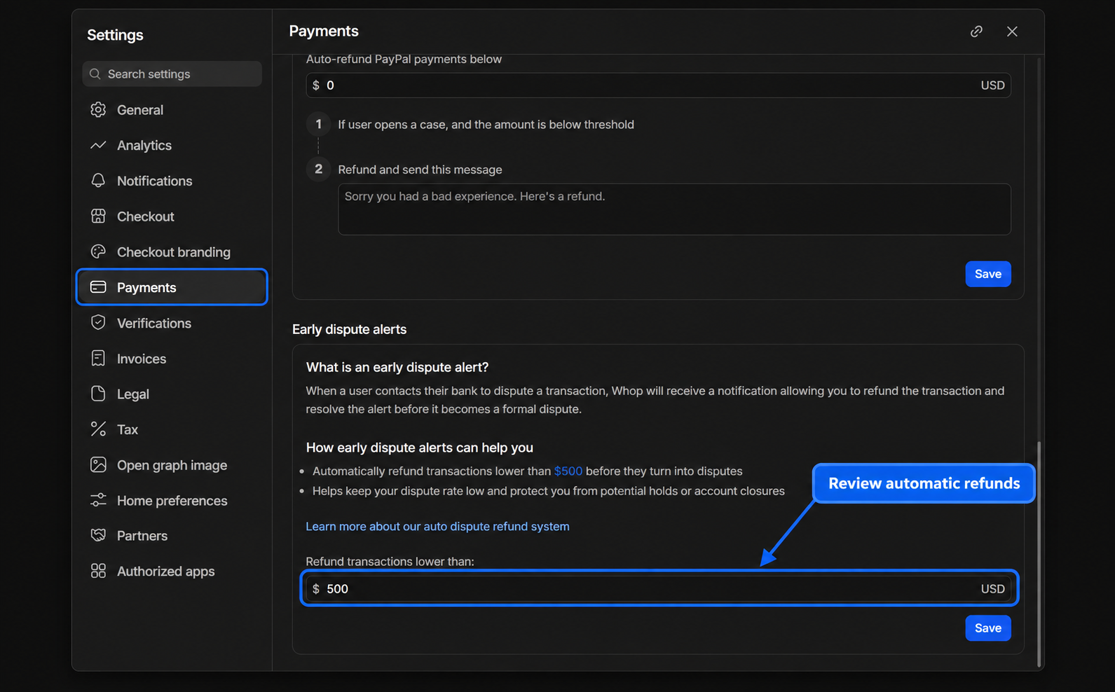 Live Payments settings