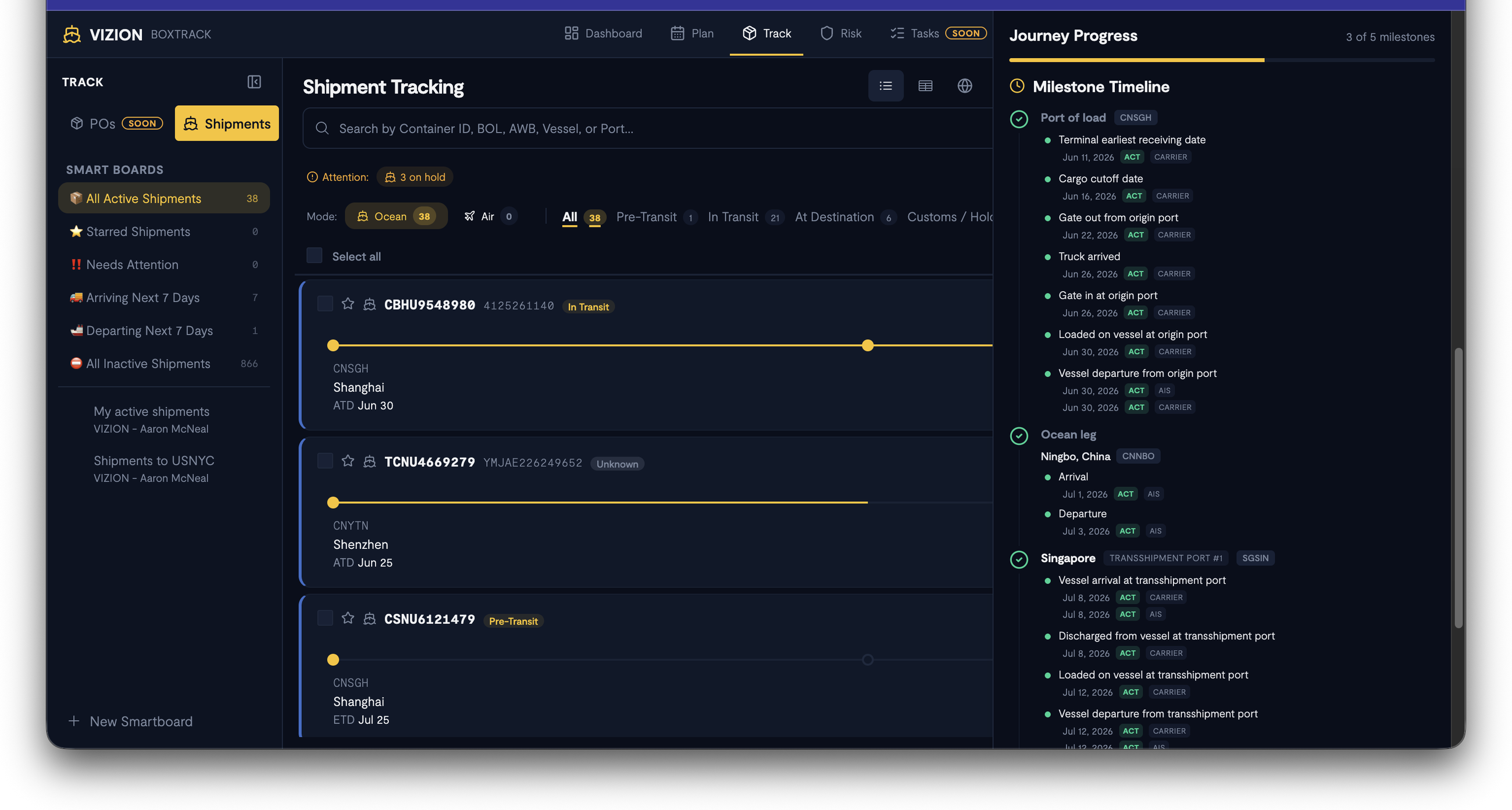 Screenshot: The Milestone Timeline section showing chronological events grouped by location (Port of load, Ocean, Transshipment Port, Port of discharge), each with event name, date, ACT or EST status tag, and CARRIER/AIS/VIZION data source tag