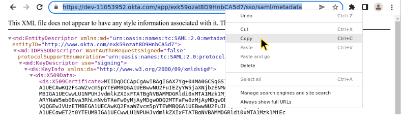 Browser address bar showing Okta metadata URL.
