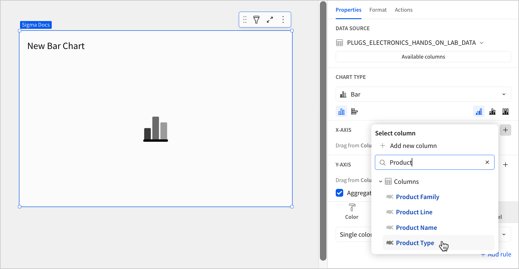A workbook page with a blank chart named "New Bar Chart", with the cursor hovering over a column named Product type in the Add column popover, and the word Product entered in the search box.