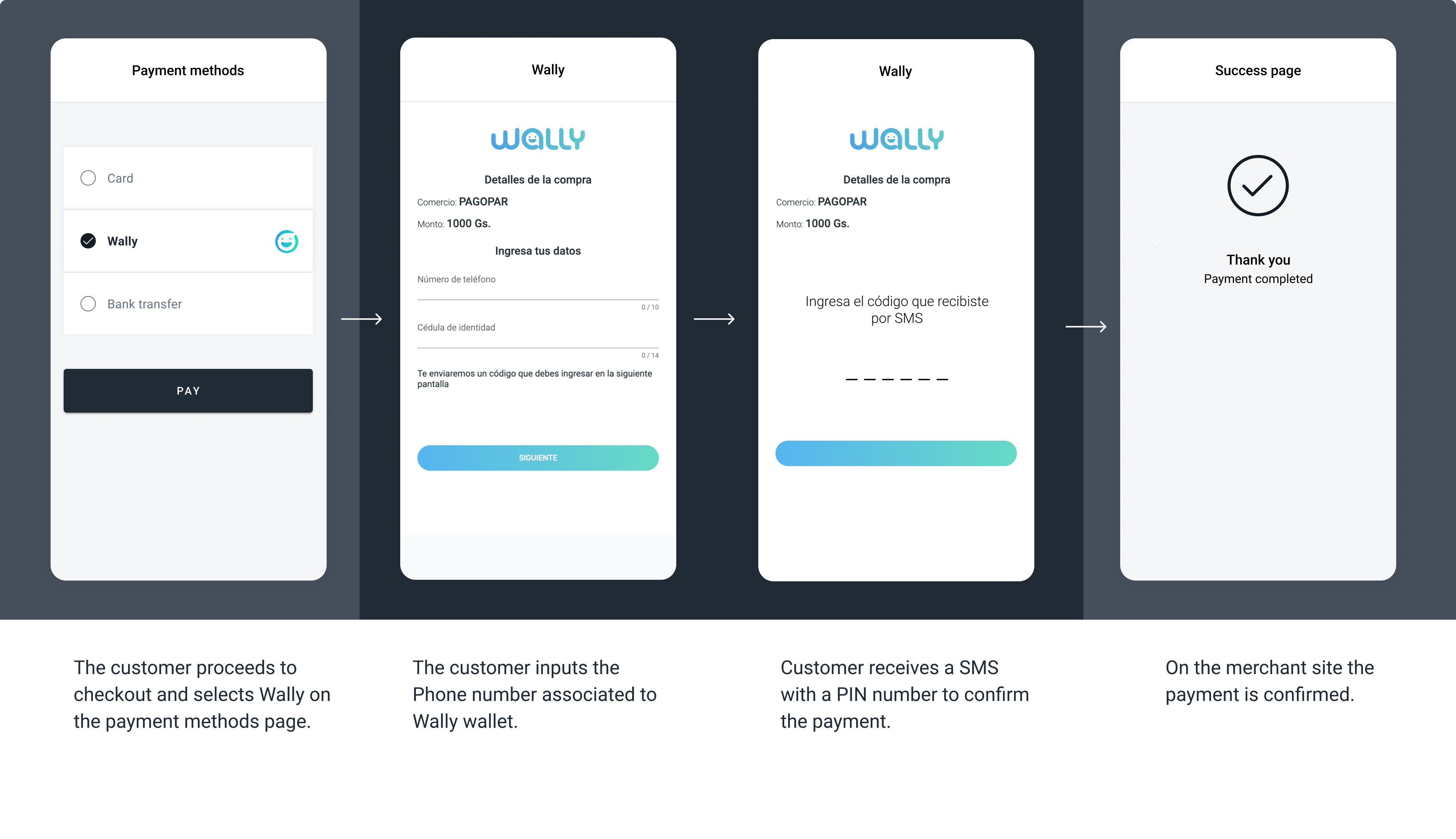 The screenshots illustrate a generic Wally payment flow.