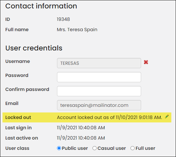 User credentials area where "locked out" message is displayed