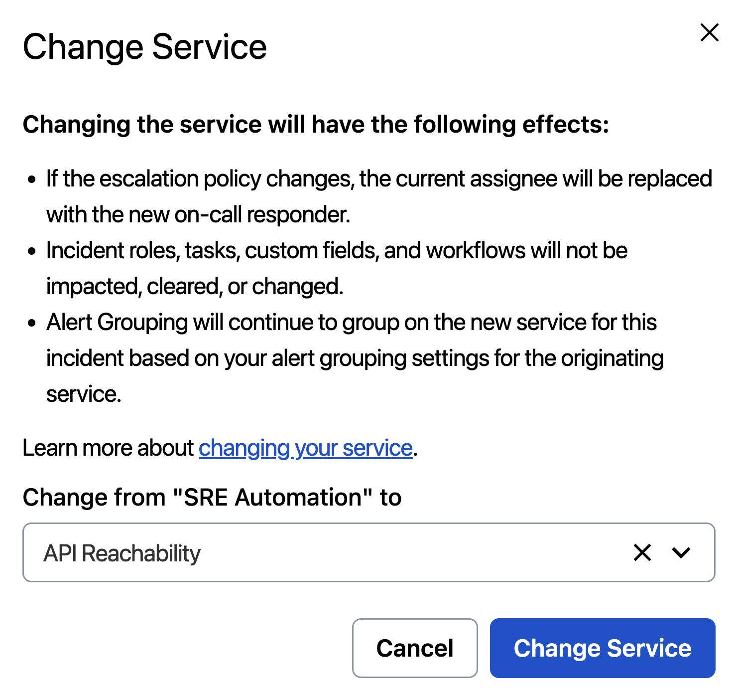 A screenshot of the PagerDuty web app showing a new main service in the dropdown and the Change Service button to execute the action