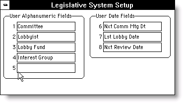 Legislative System Setup window