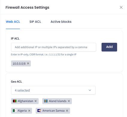 Screenshot of the Web ACL tab