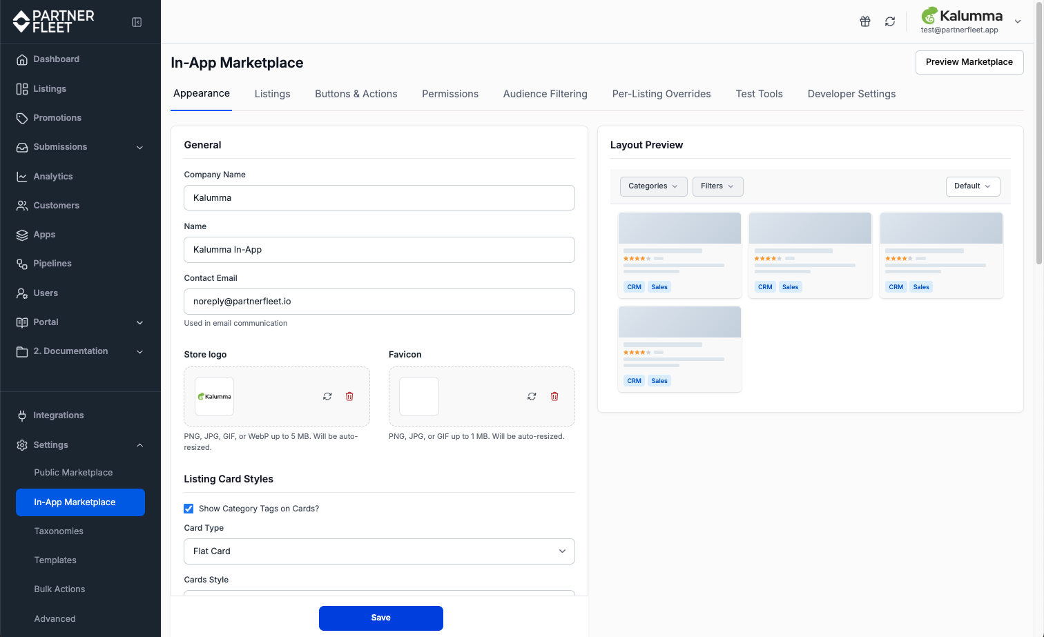 In-App Marketplace Appearance tab showing branding, layout, filters, languages, and pagination settings