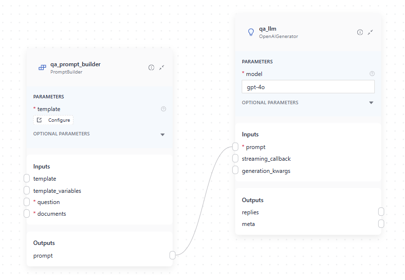 PromptBuilder component card connected with its prompt output to the generator's prompt input