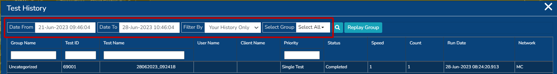 Test screen: selecting Test history part 2.