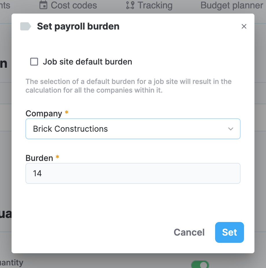 payroll burden configuration dialog box