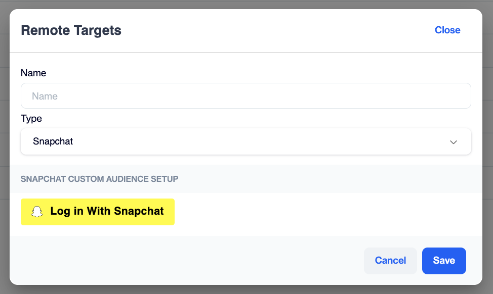 Snapchat Custom Audience Setup in the Remote Targets dialog with Log in with Snapchat button