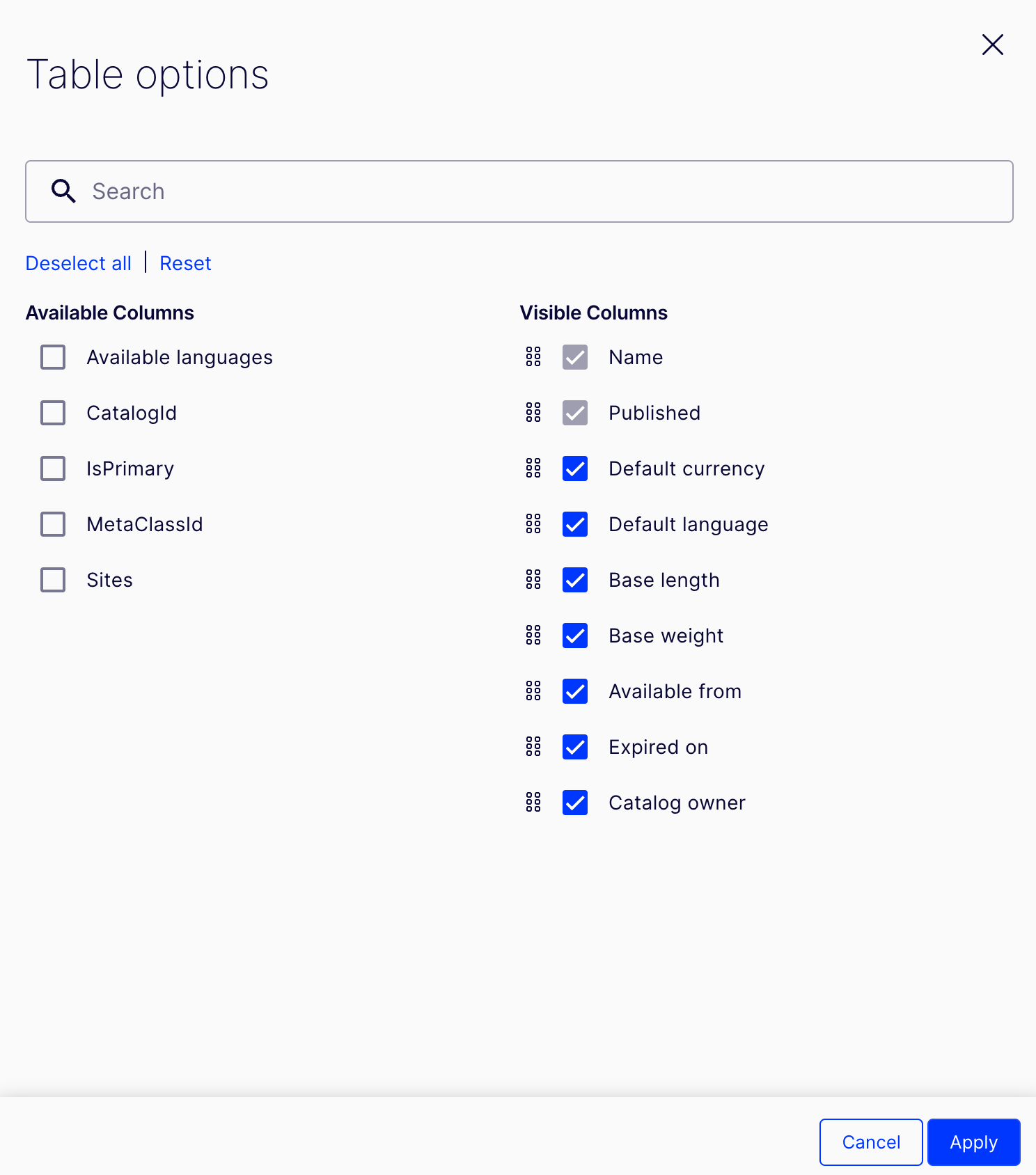 screenshot of the Table options modal showing column selection, reorder, search, Deselect all, and Reset controls