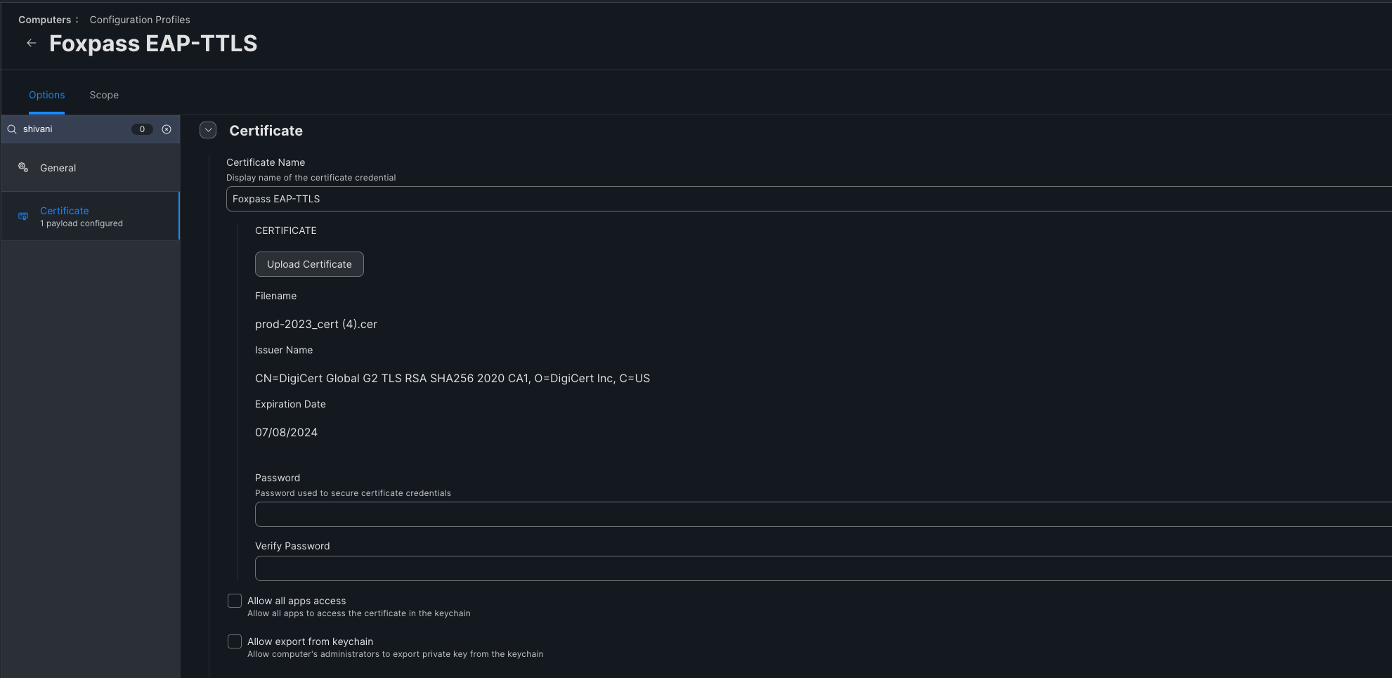 Configure EAP-TTLS certificate