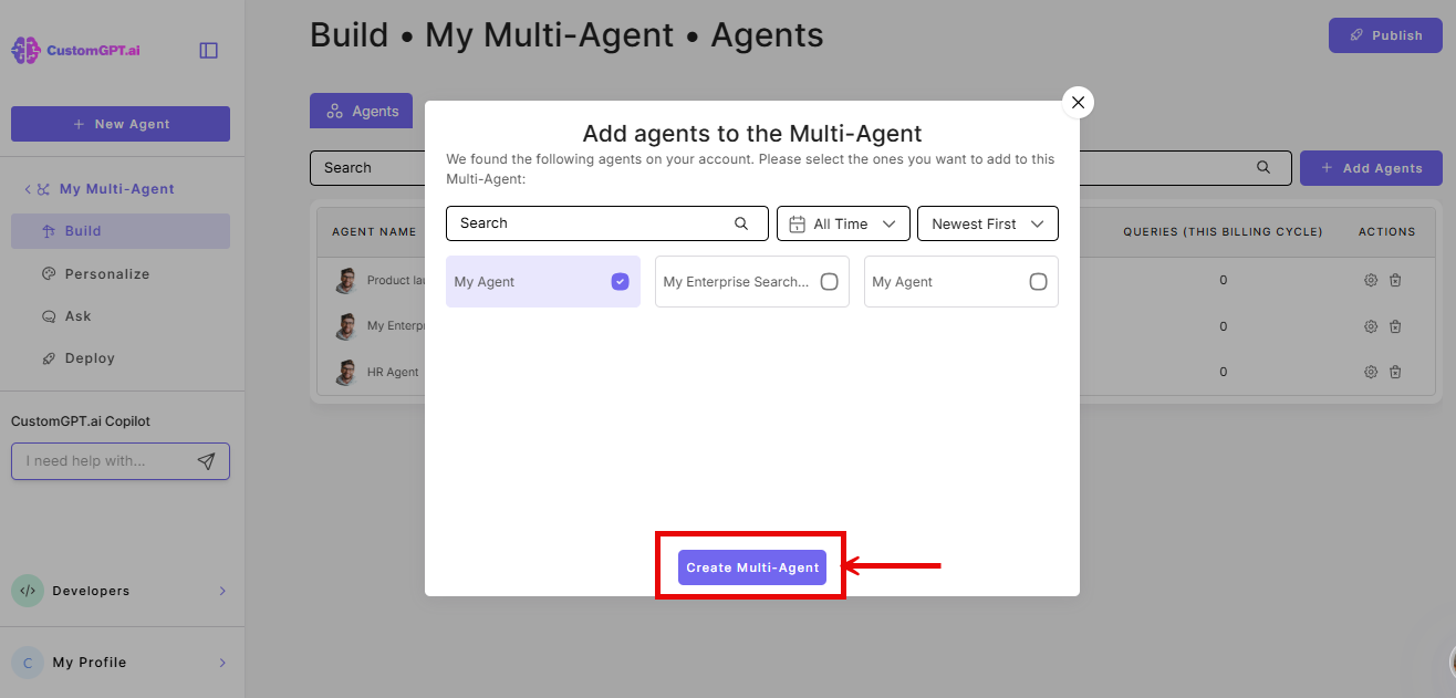 Create multi-agent button on the add agents to the multi-agent pop-up window