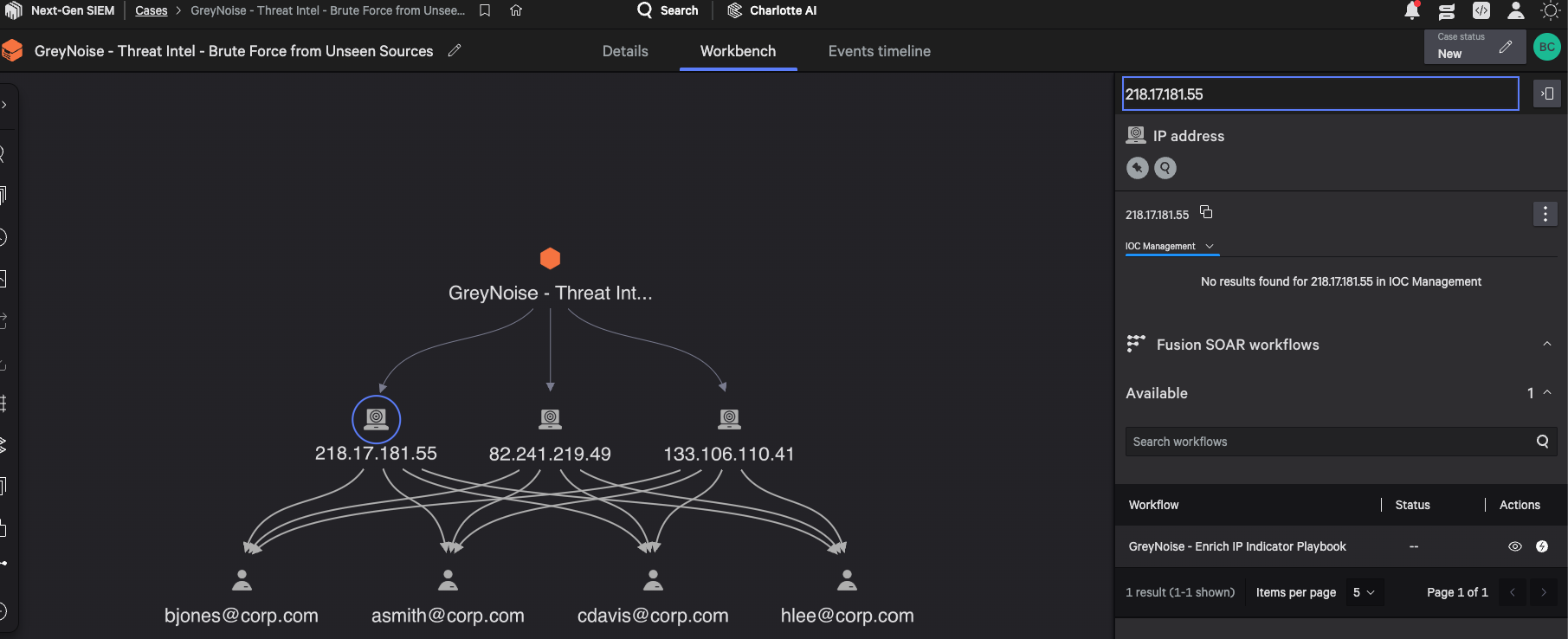 Running the GreyNoise Enrich IP Indicator playbook from an NG-SIEM case