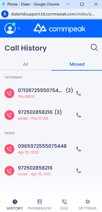 Screenshot of the **Call History** screen: **Missed** tab