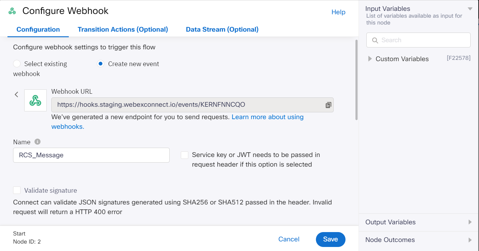 Step 1: Creating an RCS flow in Webex Connect