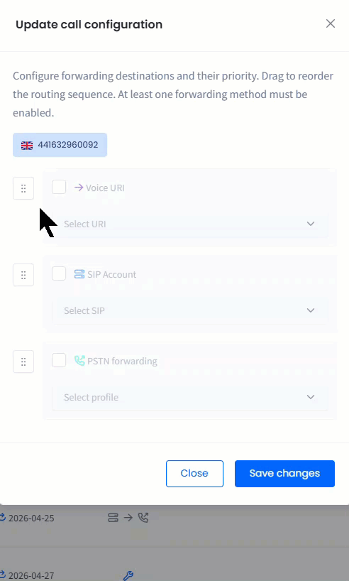 Working in the Update call configuration window